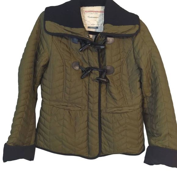 𝅺ANTHROPOLOGIE CARTONNIER GREEEN AND BLACK QUILTED TOGGLE JACKET WOMEN'S SIZE 8 - Picture 1 of 9